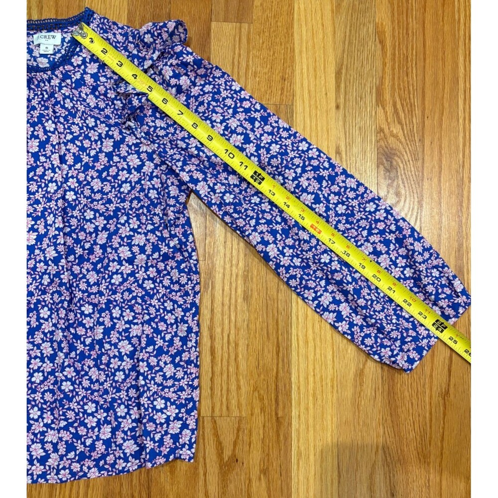J CREW SHIRT Womens Small Blue Pink Floral Print Ruffle Lace Cotton Long Sleeve - Picture 4 of 8